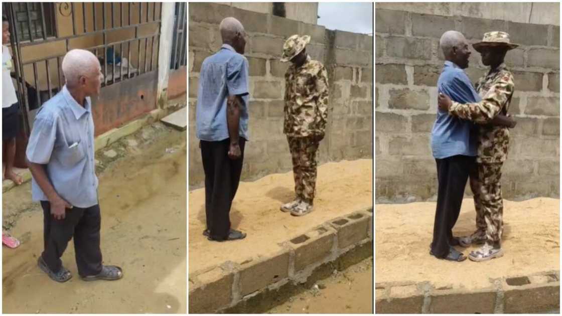 Soldier met retired soldier/Emotional reunion.