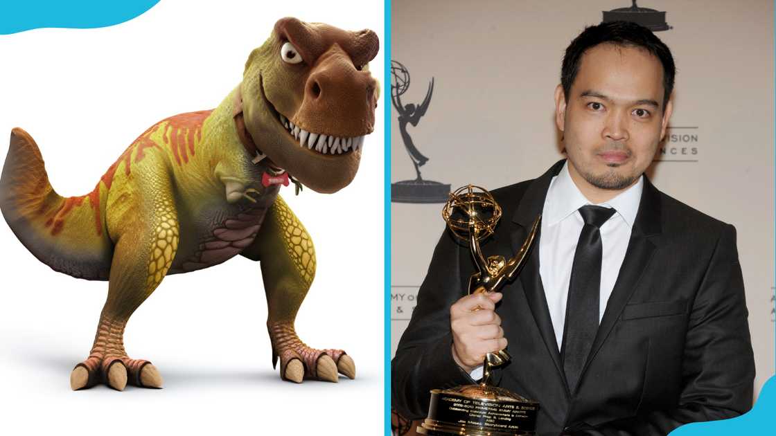 Tiny the T.rex (L) and his voice actor, Joe Mateo (R).