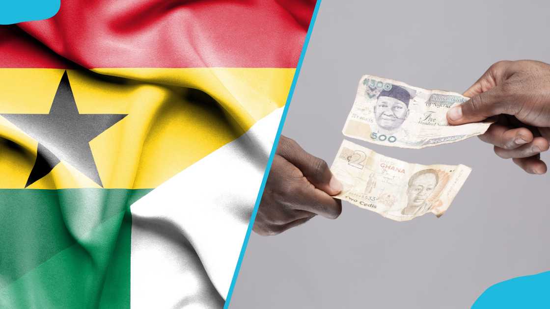 Waving flag of Nigeria and Ghana (L) and two people exchanging naira and cedi (R) Waving flag of Nigeria and Ghana (L) and two people exchanging naira and cedi (R)