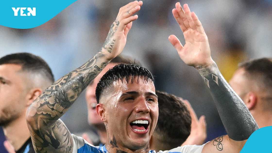 Enzo Fernandez celebrates after the Copa America 2024 semifinal match between Argentina and Canada at MetLife Stadium on July 9, 2024 in East Rutherford, New Jersey Enzo Fernandez celebrates after the Copa America 2024 semifinal match between Argentina and Canada at MetLife Stadium on July 9, 2024 in East Rutherford, New Jersey