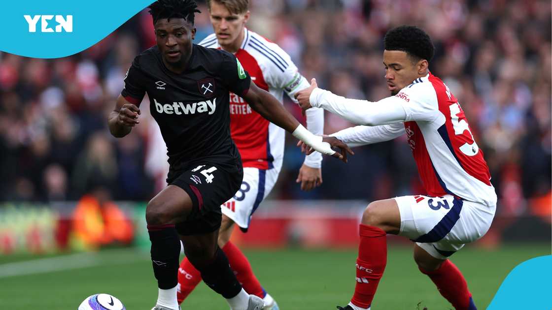 Mohammed Kudus of West Ham United is challenged by Ethan Nwaneri of Arsenal during the Premier League match between Arsenal FC and West Ham United FC at Emirates Stadium on February 22, 2025 in London, England Mohammed Kudus of West Ham United is challenged by Ethan Nwaneri of Arsenal during the Premier League match between Arsenal FC and West Ham United FC at Emirates Stadium on February 22, 2025 in London, England