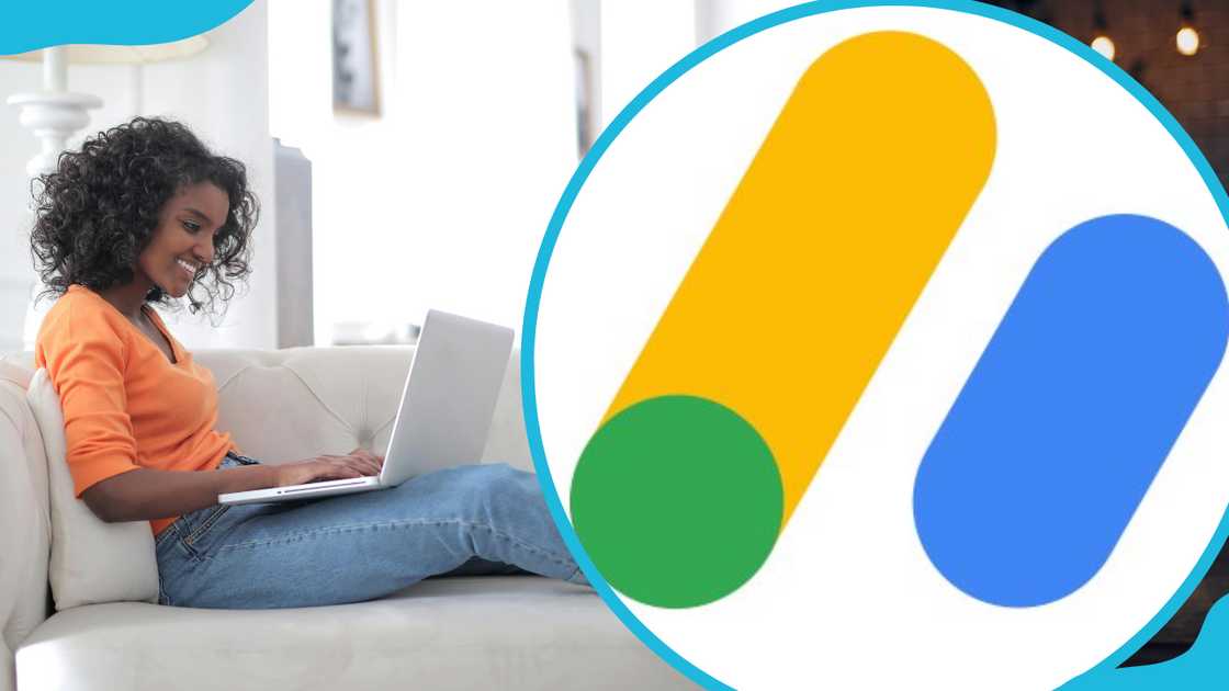 A woman sitting on a couch working on her laptop while smiling and the logo for Google AdSense A woman sitting on a couch working on her laptop while smiling and the logo for Google AdSense