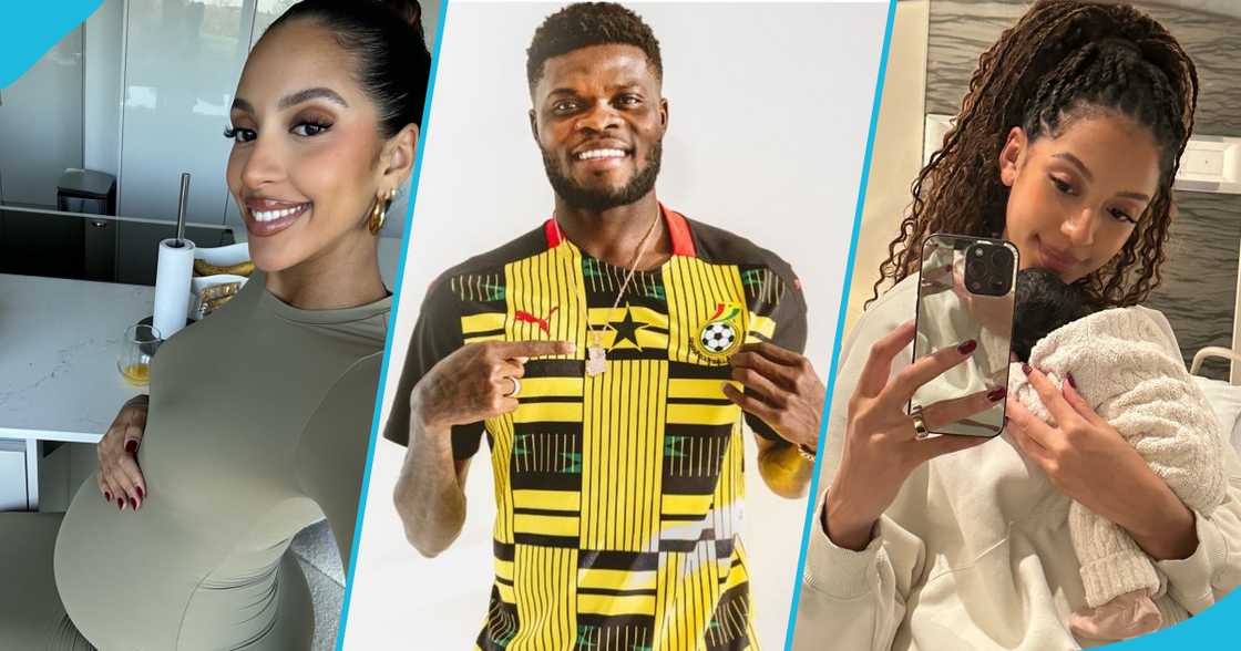 Thomas Partey and his girlfriend Janine Mackson carrying their daughter Thomas Partey and his girlfriend Janine Mackson carrying their daughter