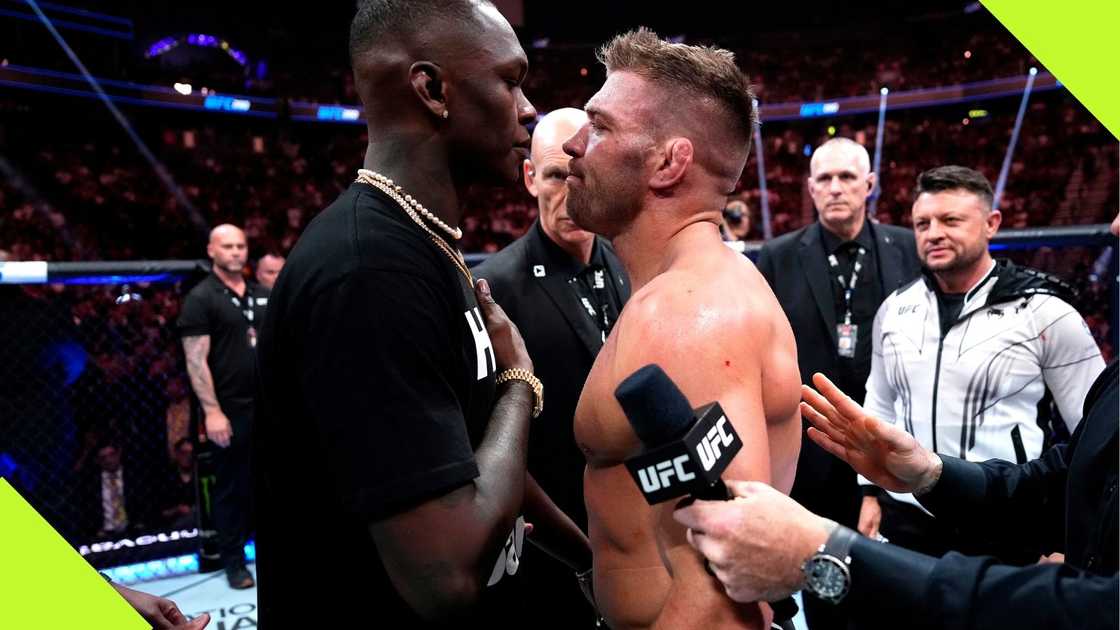 Israel Adesanya faces off against Dricus Du Plessis. Israel Adesanya faces off against Dricus Du Plessis.