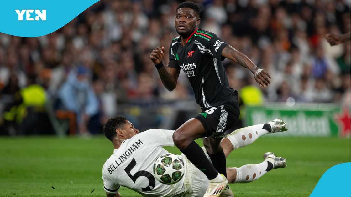 Thomas Partey, Arsenal, Jude Bellingham, Real Madrid, UEFA Champions League 2024/25, Estadio Santiago Bernabeu Thomas Partey, Arsenal, Jude Bellingham, Real Madrid, UEFA Champions League 2024/25, Estadio Santiago Bernabeu