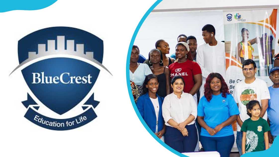The Bluecrest University College logo and students from the institution's School of Fashion after a symposium