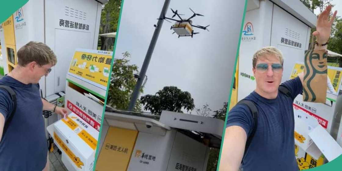Man stunned as drone delivers drink to him in China Man stunned as drone delivers drink to him in China