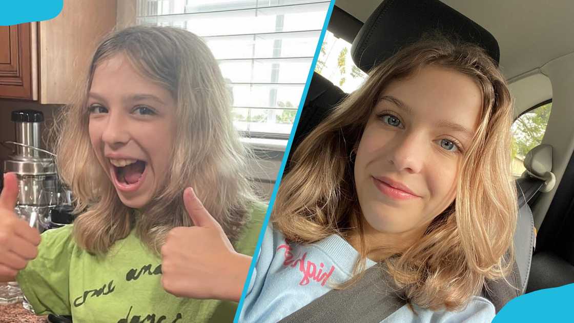 Dylan Beam poses thumbs up (L) and she smiles for a selfie (R) Dylan Beam poses thumbs up (L) and she smiles for a selfie (R)