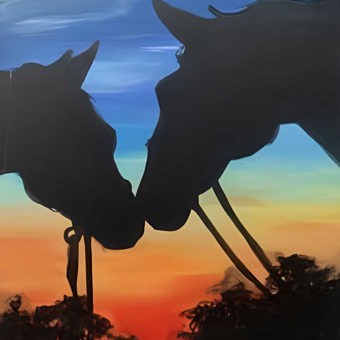 A beautiful painting of two horses cuddling A beautiful painting of two horses cuddling
