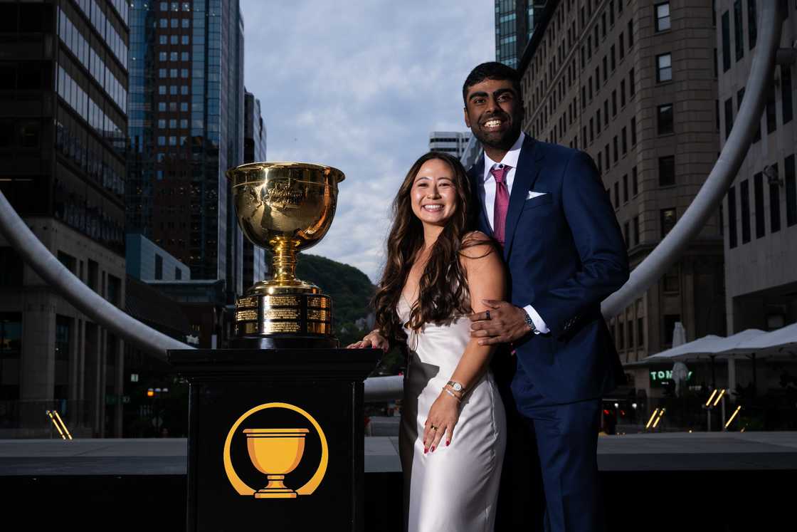 Sahith Theegala (L) and his girlfriend Julianna "JuJu" Chan (R) pose for a formal photo