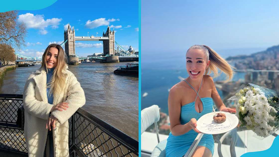 Maria Braccini poses against the Tower Bridge (L). Maria poses outdoors on a clear day (R) Maria Braccini poses against the Tower Bridge (L). Maria poses outdoors on a clear day (R)