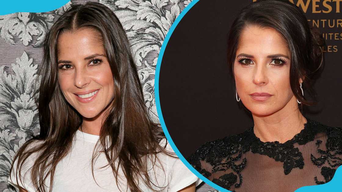 Kelly Monaco in a plain white t-shirt (L) and black dress (R).