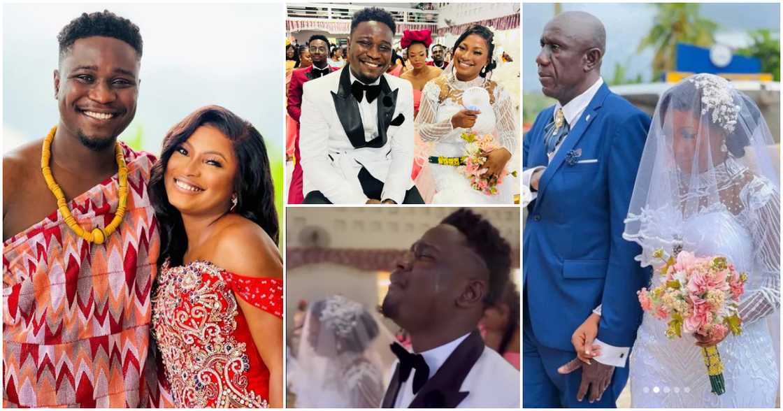 Ghanaian blogger Bra Banie and his lover weep as they marry in white wedding.