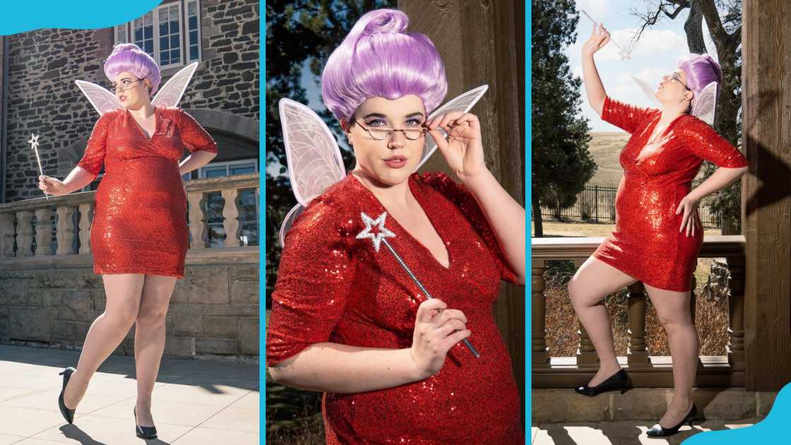A plus size model showcases a red themed fairy outfit. A plus size model showcases a red themed fairy outfit.