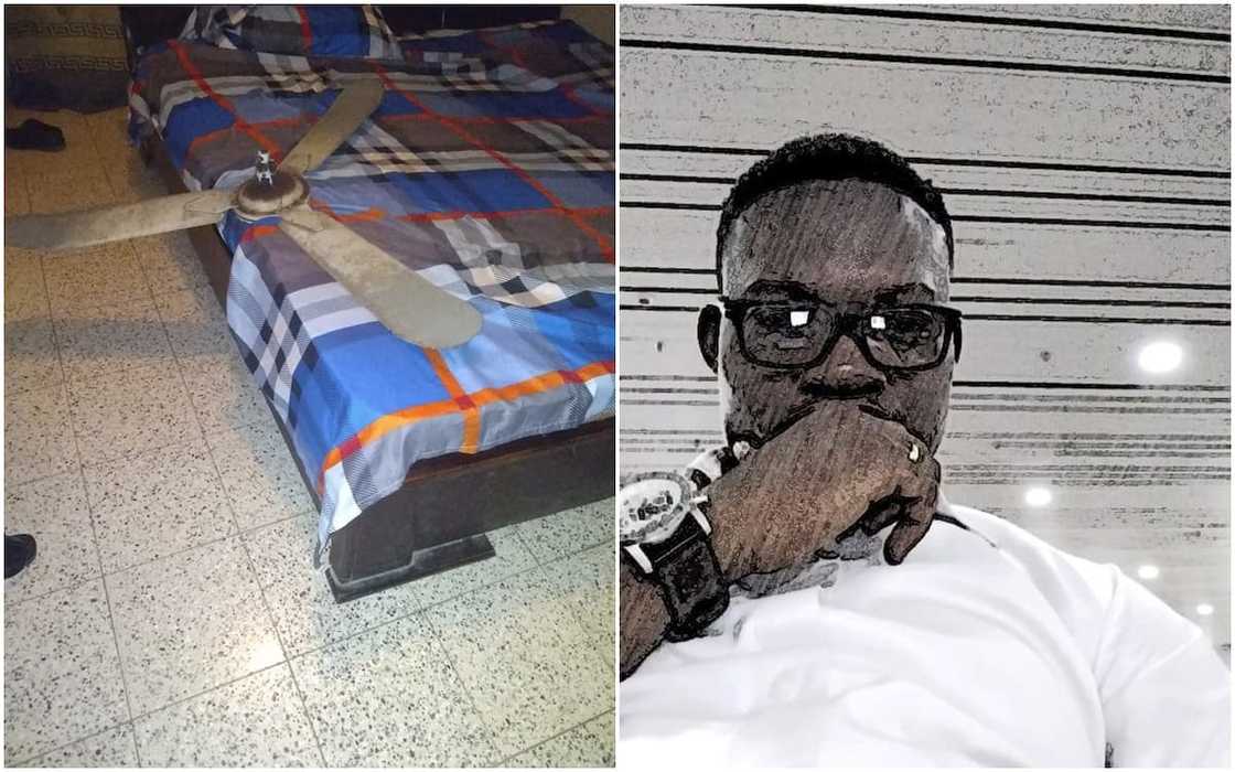 The ceiling fan falls on Ifeanyi David Odiaka's bed, he escapes by the whiskers The ceiling fan falls on Ifeanyi David Odiaka's bed, he escapes by the whiskers