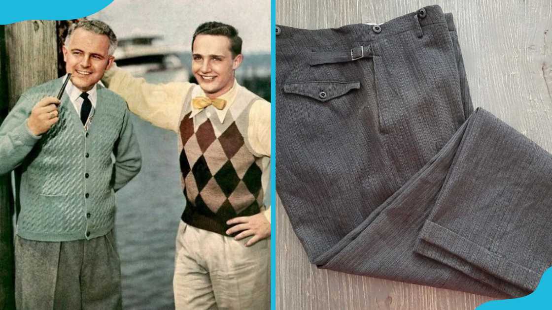 Men in wool pants and knit sweaters and a wool trouser. Men in wool pants and knit sweaters and a wool trouser.