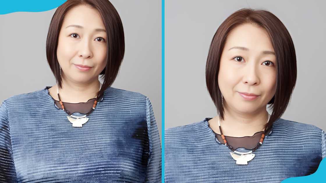 Mika Doi (L and R) is standing against a grey background Mika Doi (L and R) is standing against a grey background