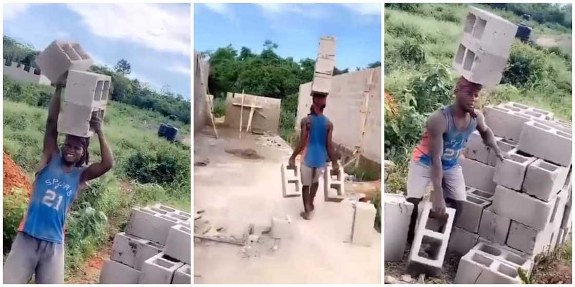 Construction worker carries five bricks at once in viral video, Nigerians react Construction worker carries five bricks at once in viral video, Nigerians react