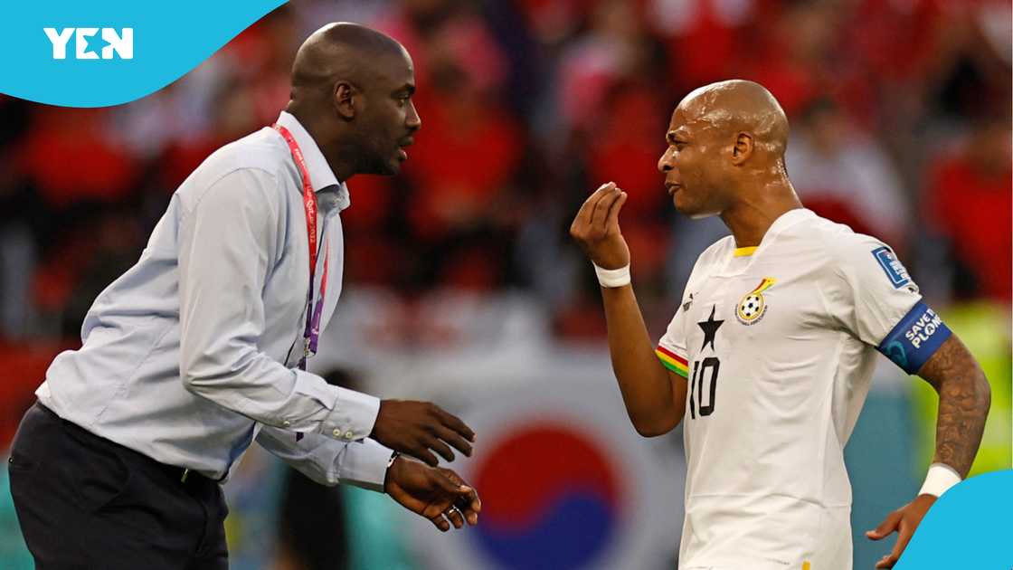 Black Stars head coach Otto Addo and captain Andre Ayew speak during the 2022 FIFA World Cup Ghana vs South Korea match on November 28, 2022 Black Stars head coach Otto Addo and captain Andre Ayew speak during the 2022 FIFA World Cup Ghana vs South Korea match on November 28, 2022