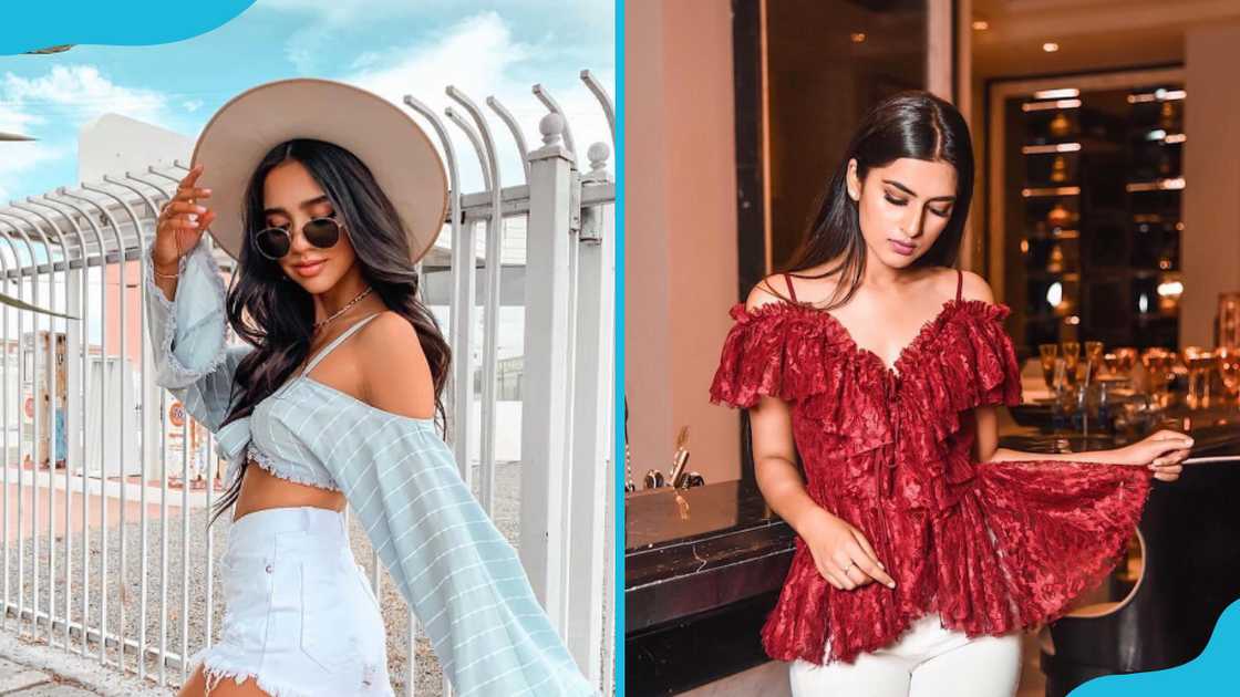 Stripped and burgundy cold-shoulder tops. Stripped and burgundy cold-shoulder tops.