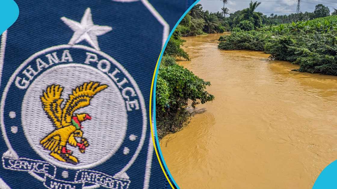 River Offin, Assin Asaman, Illegal mining, galamsey., Ghana Police River Offin, Assin Asaman, Illegal mining, galamsey., Ghana Police