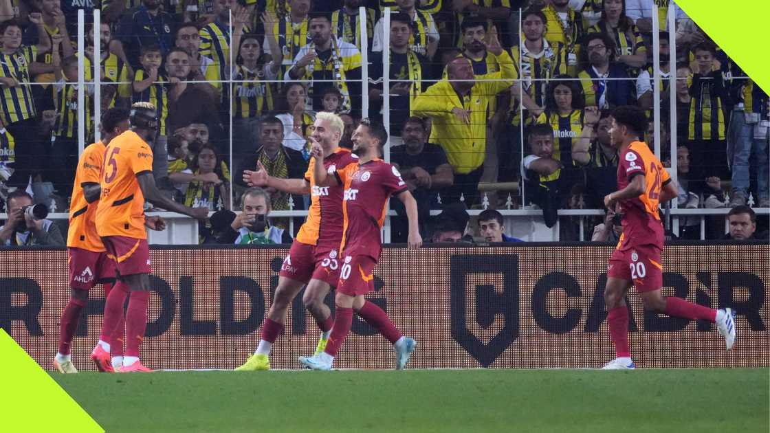 Victor Osimhen celebrates with Galatasaray teammates after Dries Mertens' goal. Victor Osimhen celebrates with Galatasaray teammates after Dries Mertens' goal.