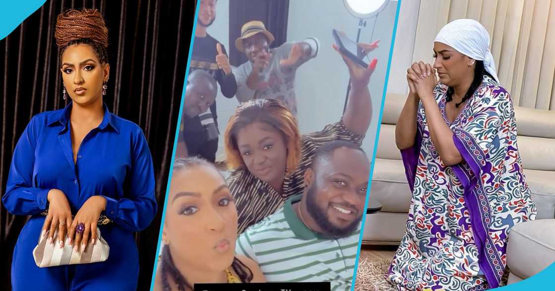 Juliet Ibrahim, Tracey Boakye and her husband on a movie set Juliet Ibrahim, Tracey Boakye and her husband on a movie set