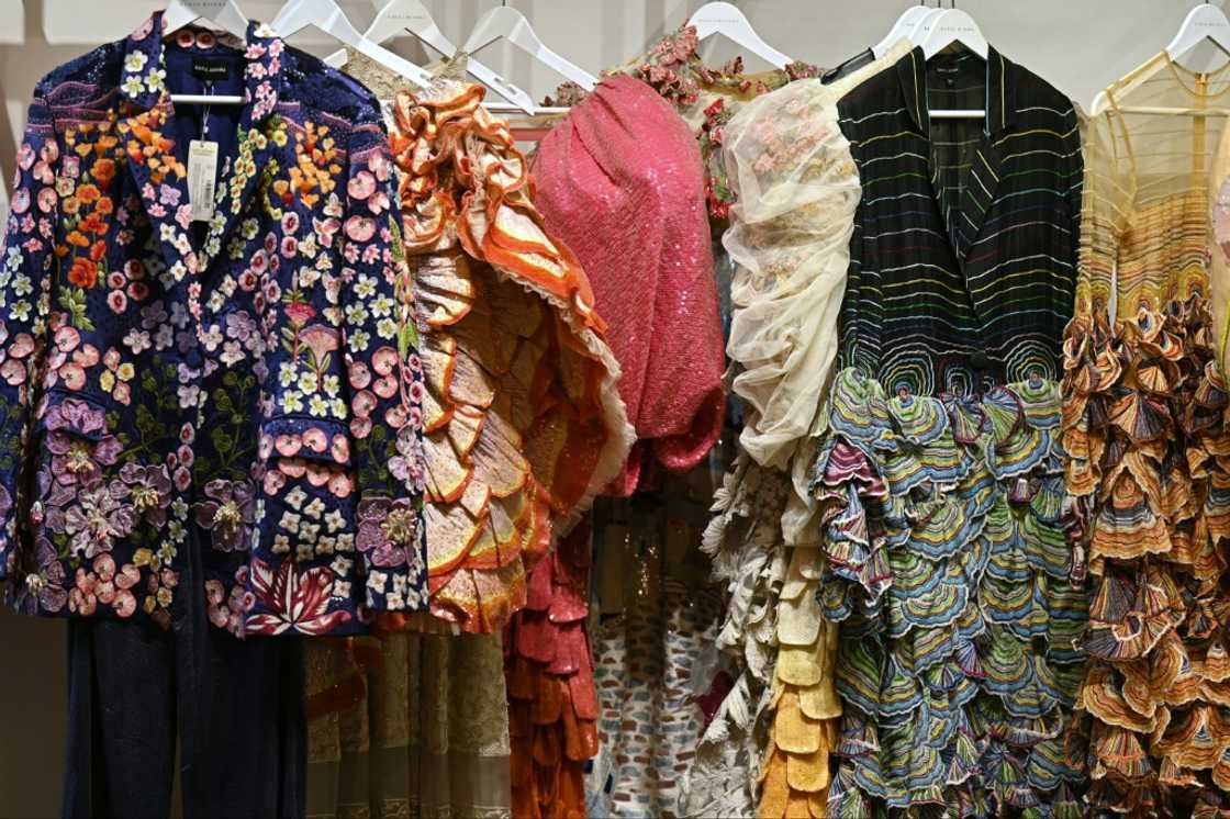 An assortment of dresses designed by Rahul Mishra is pictured at his workshop in Noida, India before the fashion designer unveils his new "Cosmos" collection in Paris