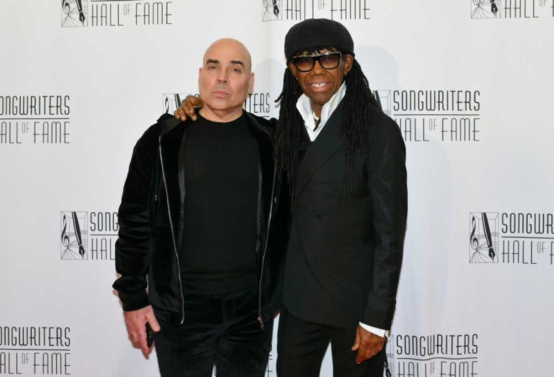 Hipgnosis executive Merck Mercuriadis (L) and co-founder Nile Rodgers attend the Songwriters Hall of Fame 2024 induction and awards gala in New York on June 13, 2024