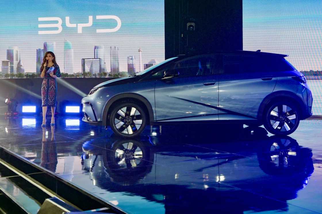 Newly launched BYD Dolphin is displayed during the launch of the Chinese-made BYD brand in Jakarta, on January 18, 2024