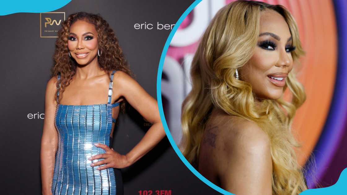 Tamar Braxton in a blue dress and blonde hair Tamar Braxton in a blue dress and blonde hair