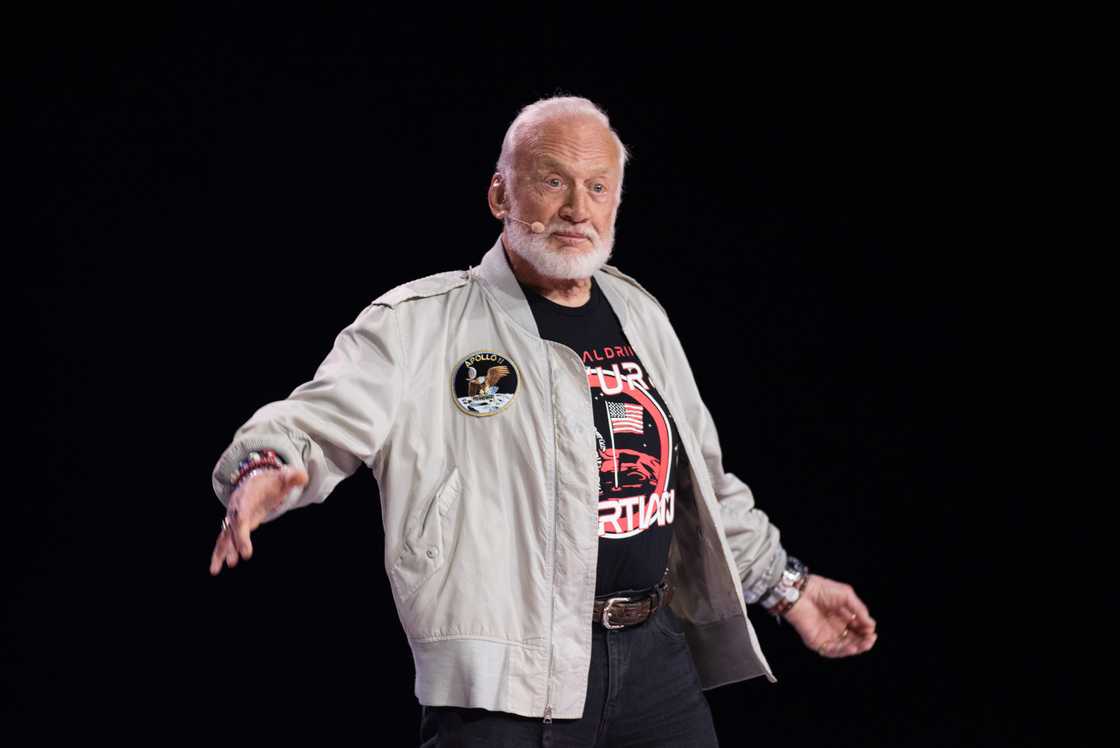 Buzz Aldrin speaks during WE Day at KeyArena in Seattle, Washington Buzz Aldrin speaks during WE Day at KeyArena in Seattle, Washington