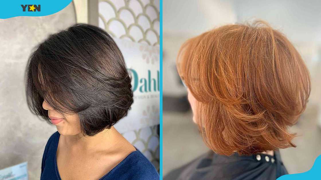 Dark brown butterfly cut bob for short hair (L). Blonde butterfly cut bob for short hair (R) Dark brown butterfly cut bob for short hair (L). Blonde butterfly cut bob for short hair (R)