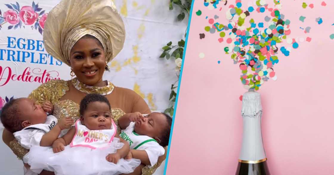 Mum poses with her triplets during dedication ceremony.