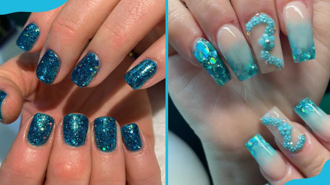 Teal nails with glitters Teal nails with glitters