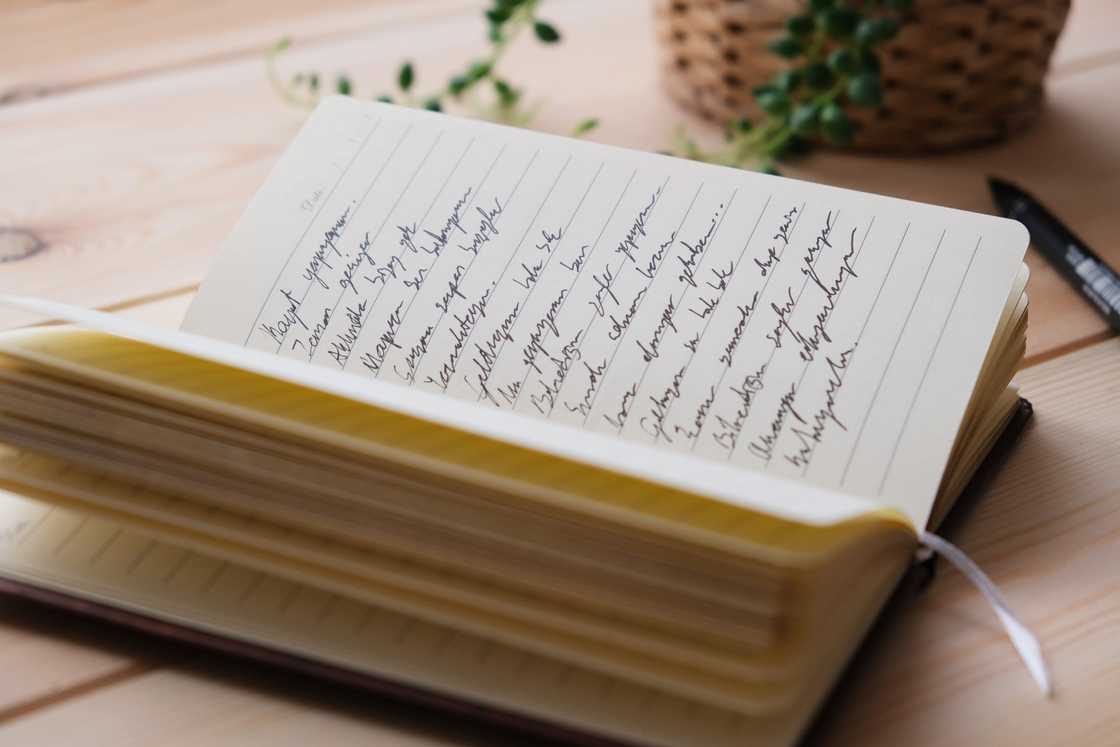 Worn minute book open on a table with handwritten notes. Worn minute book open on a table with handwritten notes.