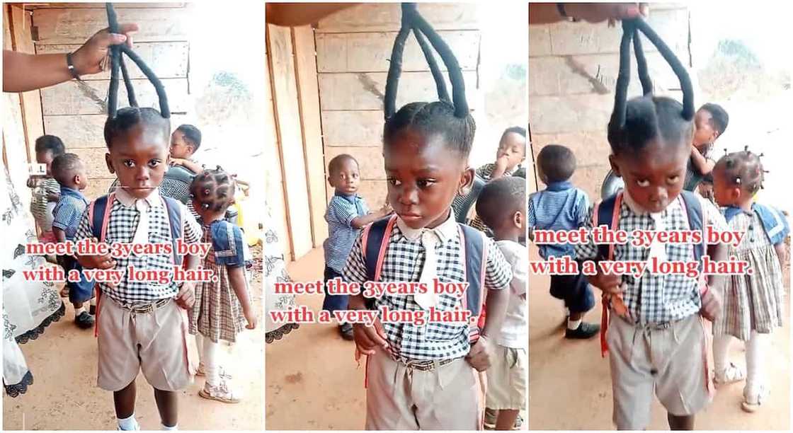 Photos of a school boy with very long hair.