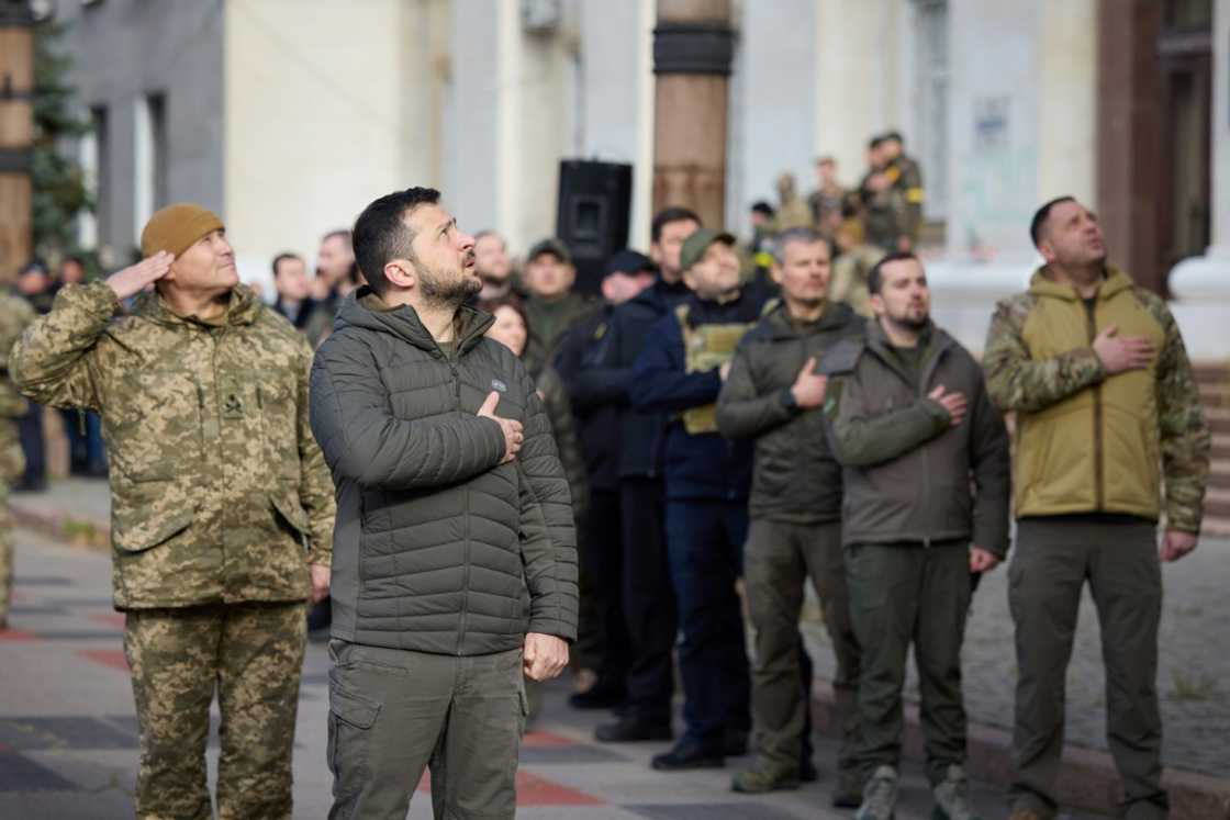 Ukrainian President Volodymyr Zelensky took part in a flag raising ceremony in Kherson