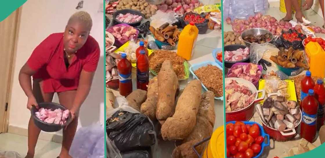 Lady shows food stuff she bought from a Lagos market. Lady shows food stuff she bought from a Lagos market.