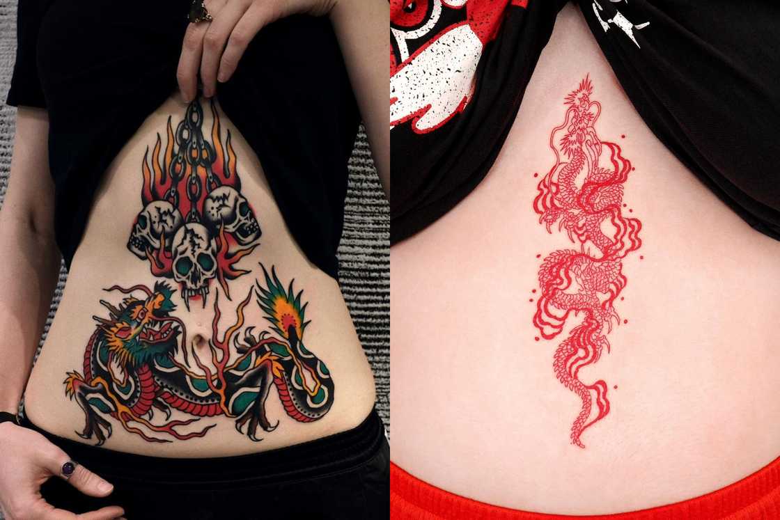 A lady with a coloured dragon tattoo (L) and another one with a red dragon tattoo (R) A lady with a coloured dragon tattoo (L) and another one with a red dragon tattoo (R)