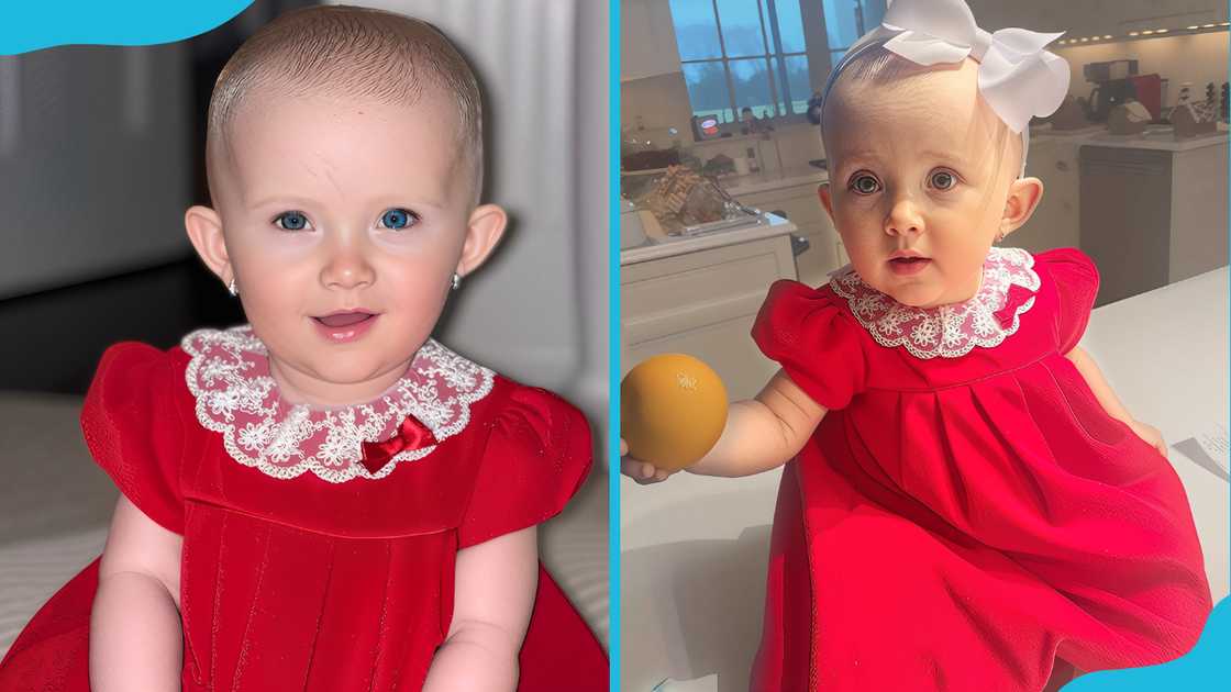 María Lucía Baldwin as a baby in a red dress with lace collar. María Lucía Baldwin as a baby in a red dress with lace collar.
