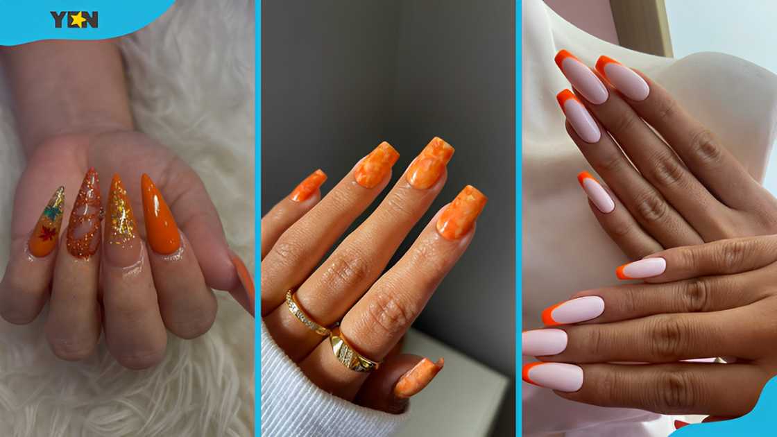Stiletto orange nails (L), orange marble nails (M), and orange french tips (R) Stiletto orange nails (L), orange marble nails (M), and orange french tips (R)