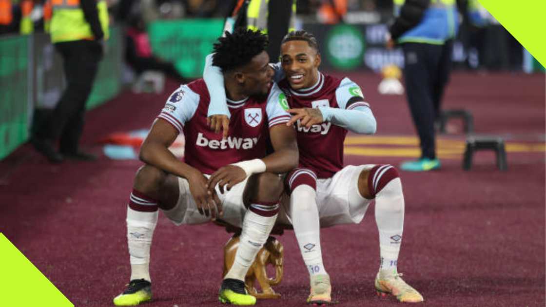 Mohammed Kudus celebrates after scoring. Mohammed Kudus celebrates after scoring.