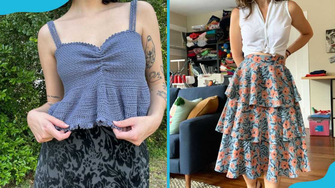 A blue crochet top and a floral layered skirt A blue crochet top and a floral layered skirt