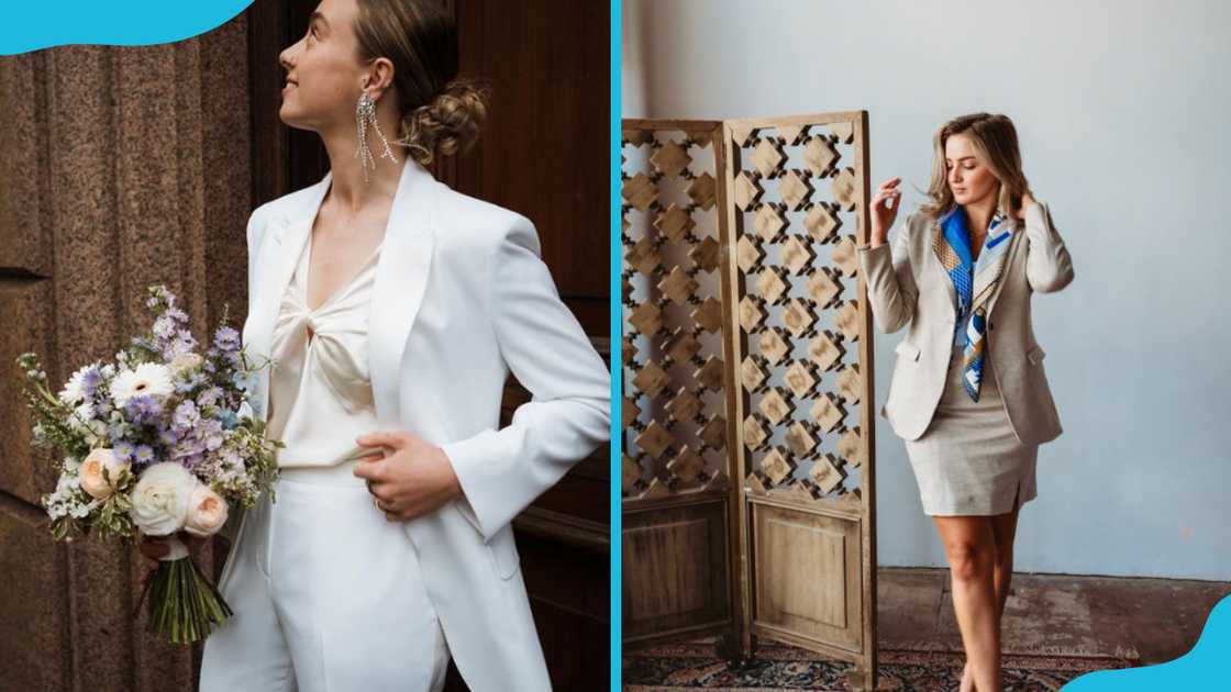 Two ladies in a white rouser suit (L) and a grey skirt suit (R)