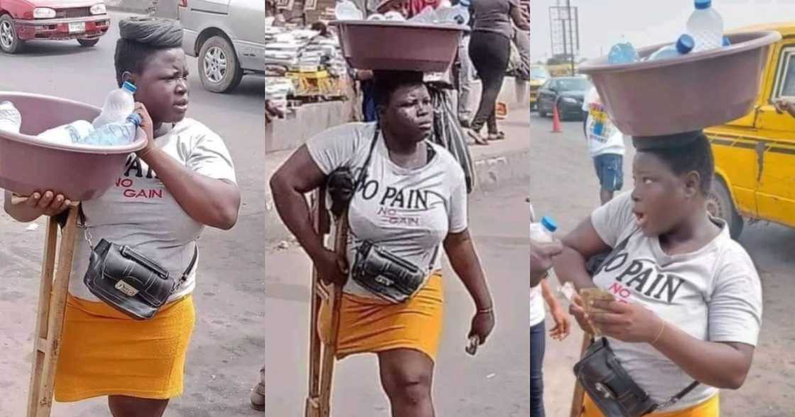 Daring hustler: Physically impaired girl in crutches sells pure water on street