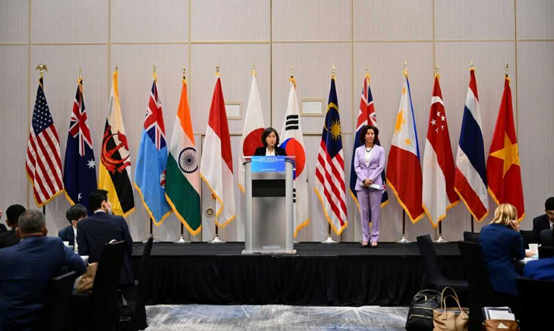 US Trade Representative Katherine Tai (C) speaks during a ministerial pillar meeting at the Indo-Pacific Economic Ministerial in Los Angeles US Trade Representative Katherine Tai (C) speaks during a ministerial pillar meeting at the Indo-Pacific Economic Ministerial in Los Angeles