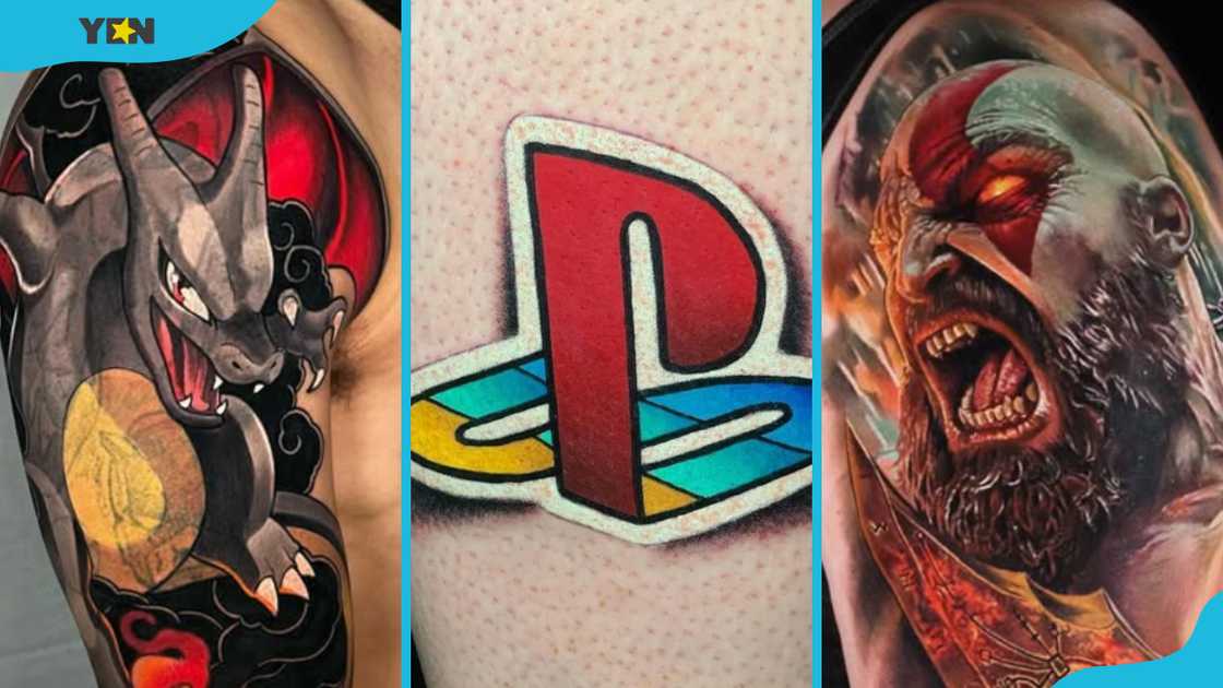 Charizard (L), PlayStation logo (M) and Kratos tattoos (R) Charizard (L), PlayStation logo (M) and Kratos tattoos (R)
