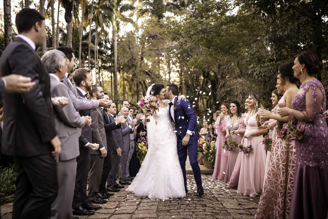 Confetti throwing on a happy newlywed couple