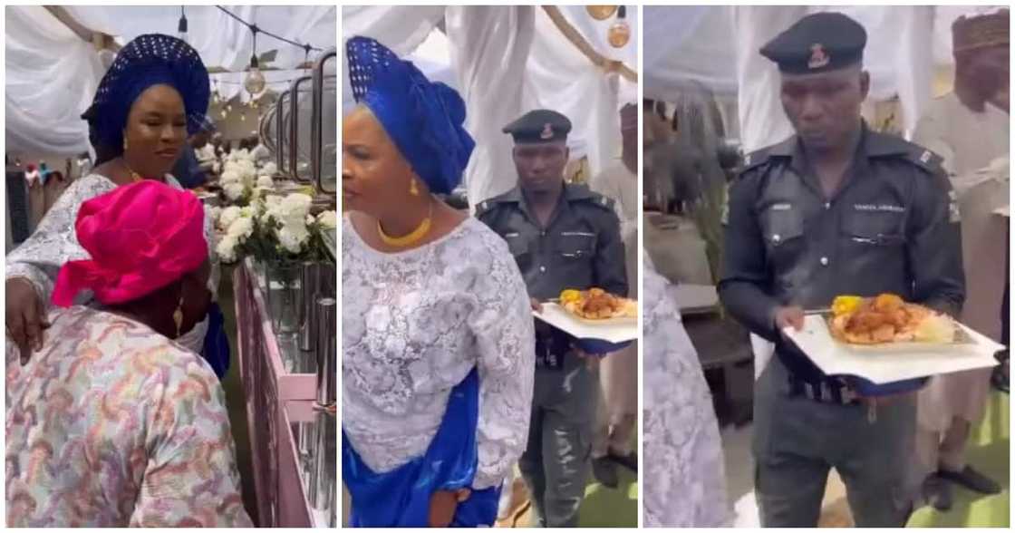 Nigerian policeman 'frowns' as he carries served food for 'big woman' at event in video
